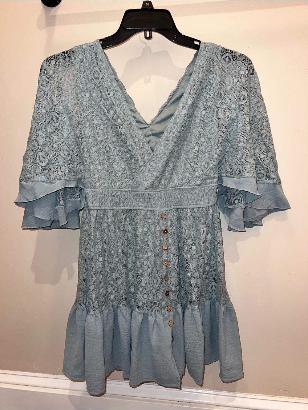 Light Blue Lace V-Neck Ruffled Dress